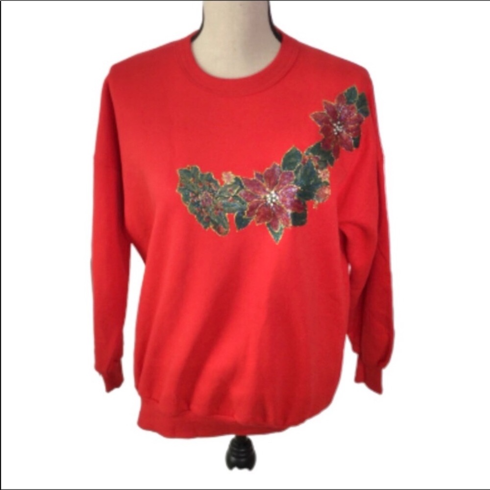 Mary’s Bears Oceanic Red Painted Poinsettia Crewneck Sweatshirt Small NWT